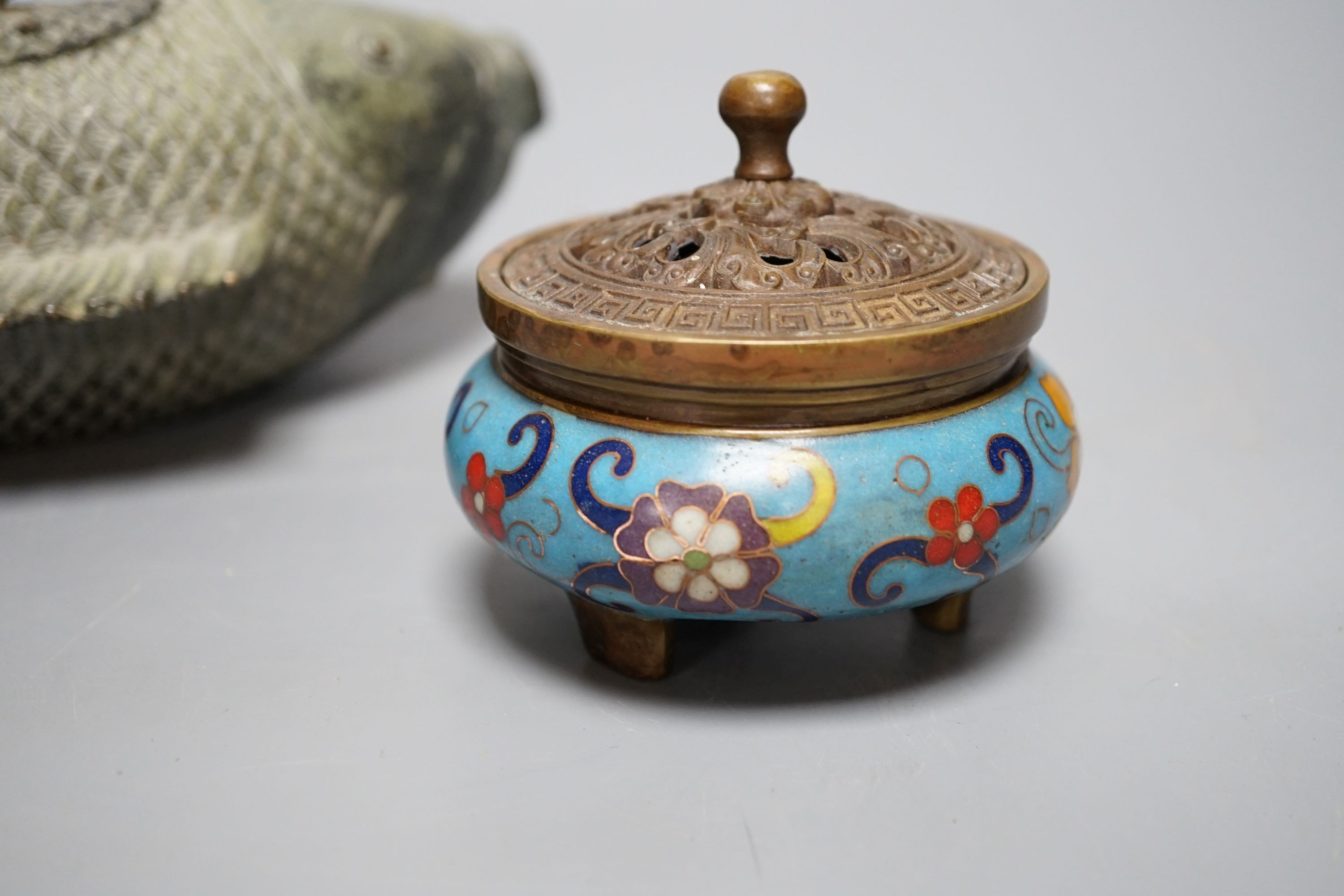 A Chinese cloisonne enamel censer and cover and a bronze fish censer 23cm